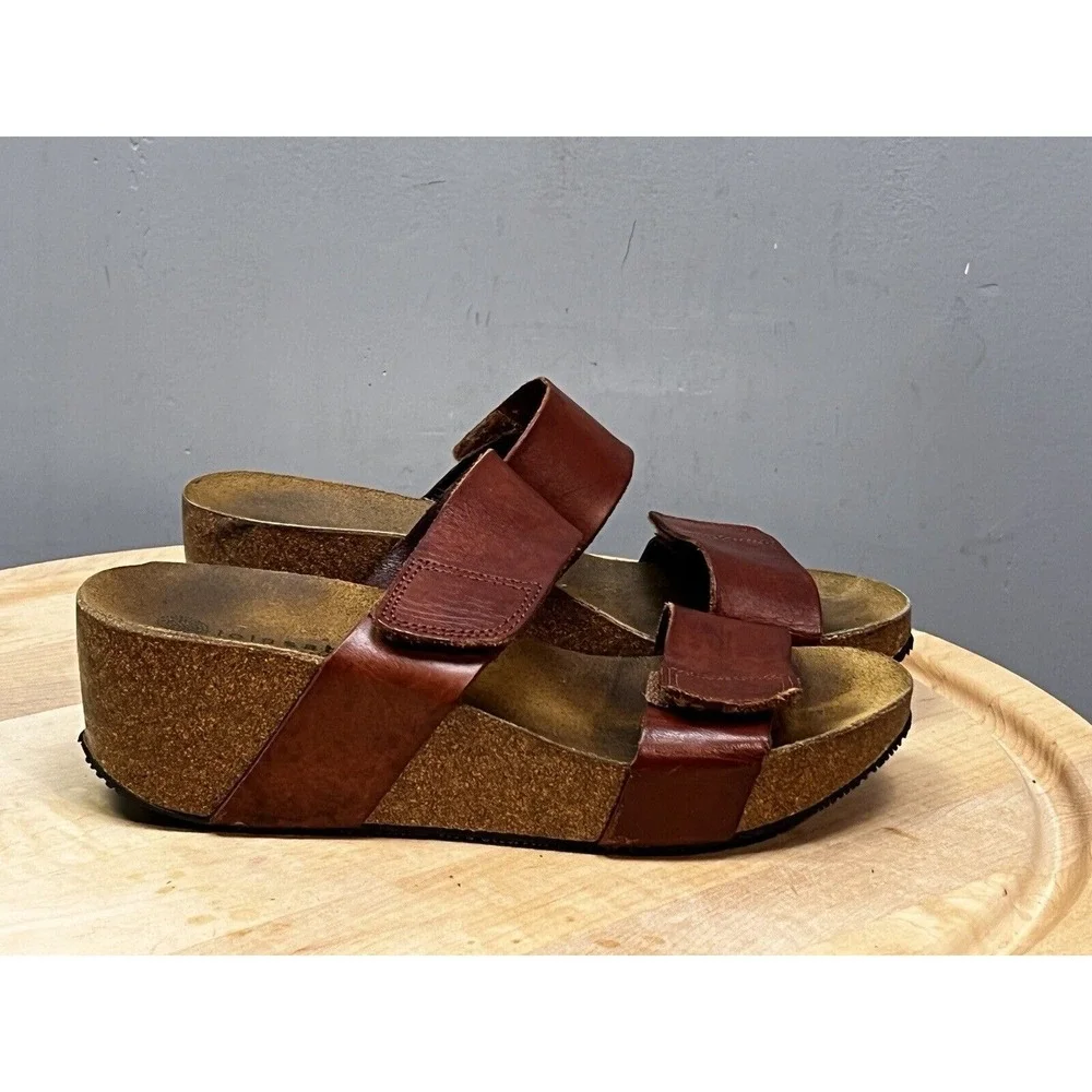 Lola‎ Sabbia for Eric Michael Sandals Womens 39 Brown Leather Cork Wedge Slide